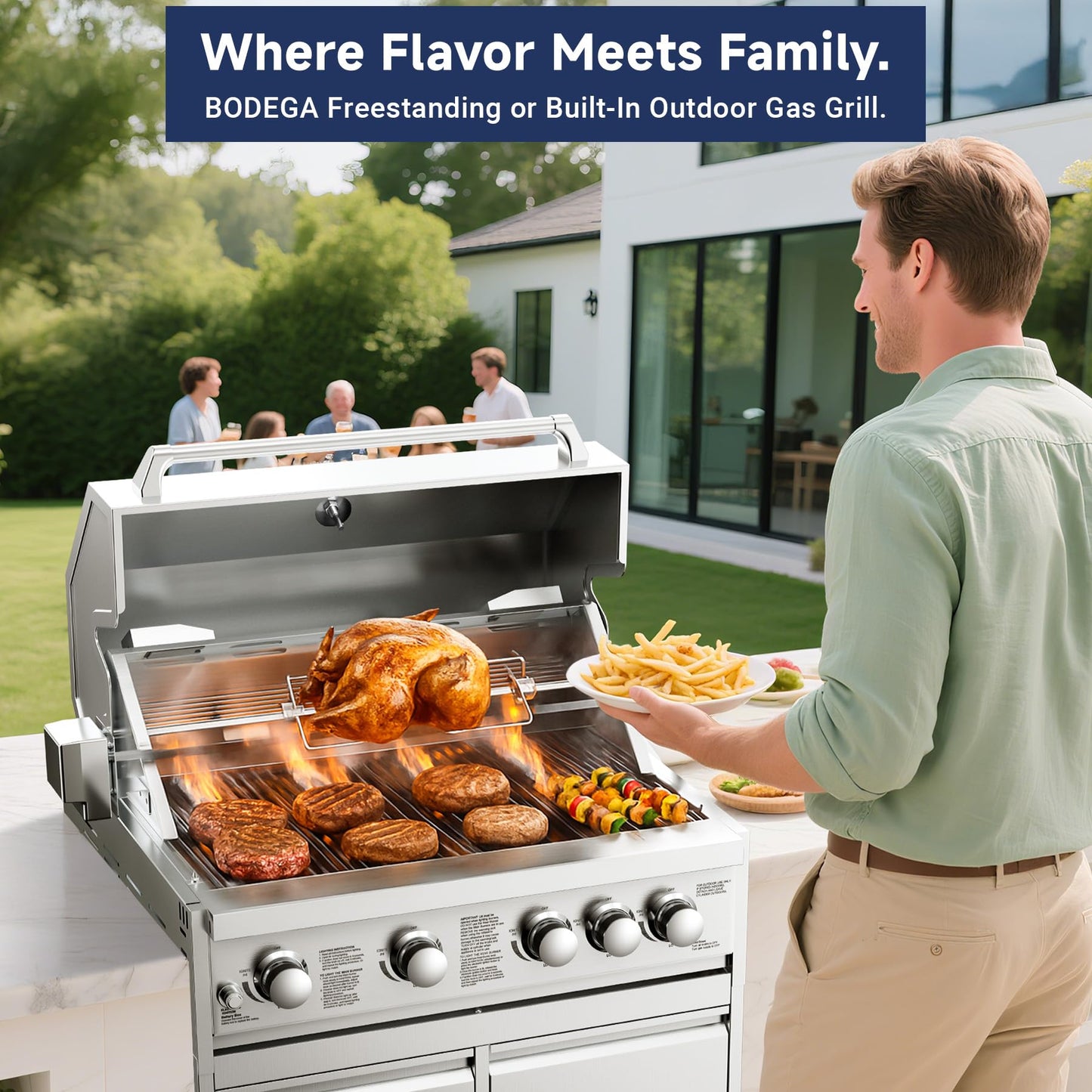 BODEGA 30 Inch Propane Gas Grill, 4x12000-BTU Gas Grill & 1x10000-Infrared Back Burner, Stainless Steel 5-Burner Propane Grill for Outdoor Kitchen, Rotisserie Chicken Fork Kit | Backyard BBQ, Camping.