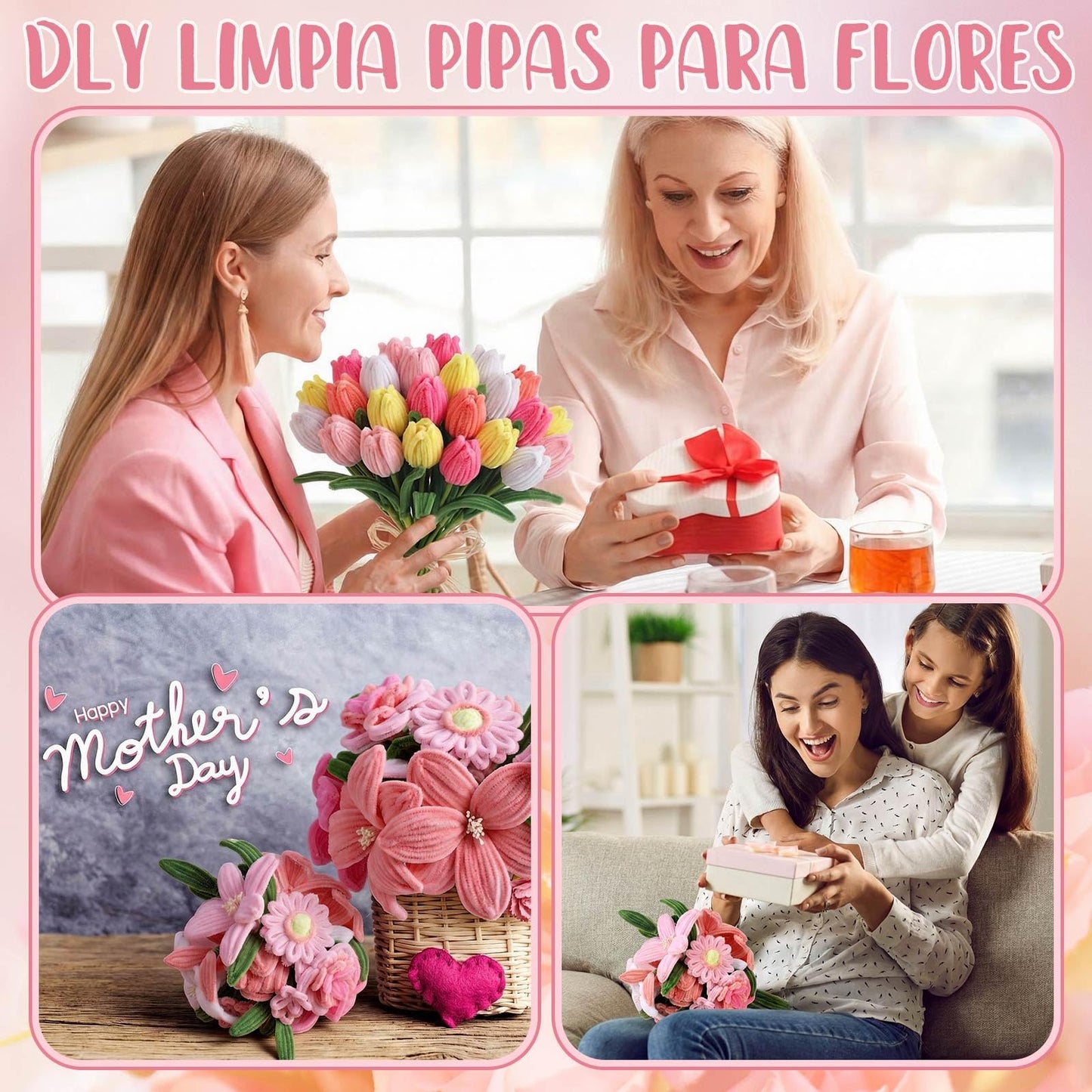 Teyva Daily 1200 Pcs Pink Pipe Cleaners Craft Flower Pipe Cleaner Bulk Flower Kit 6 Color Chenille Stems Floral Making Kit with Floral Wires Gardening Tape Stamen Ribbon for Art and Craft Supplies
