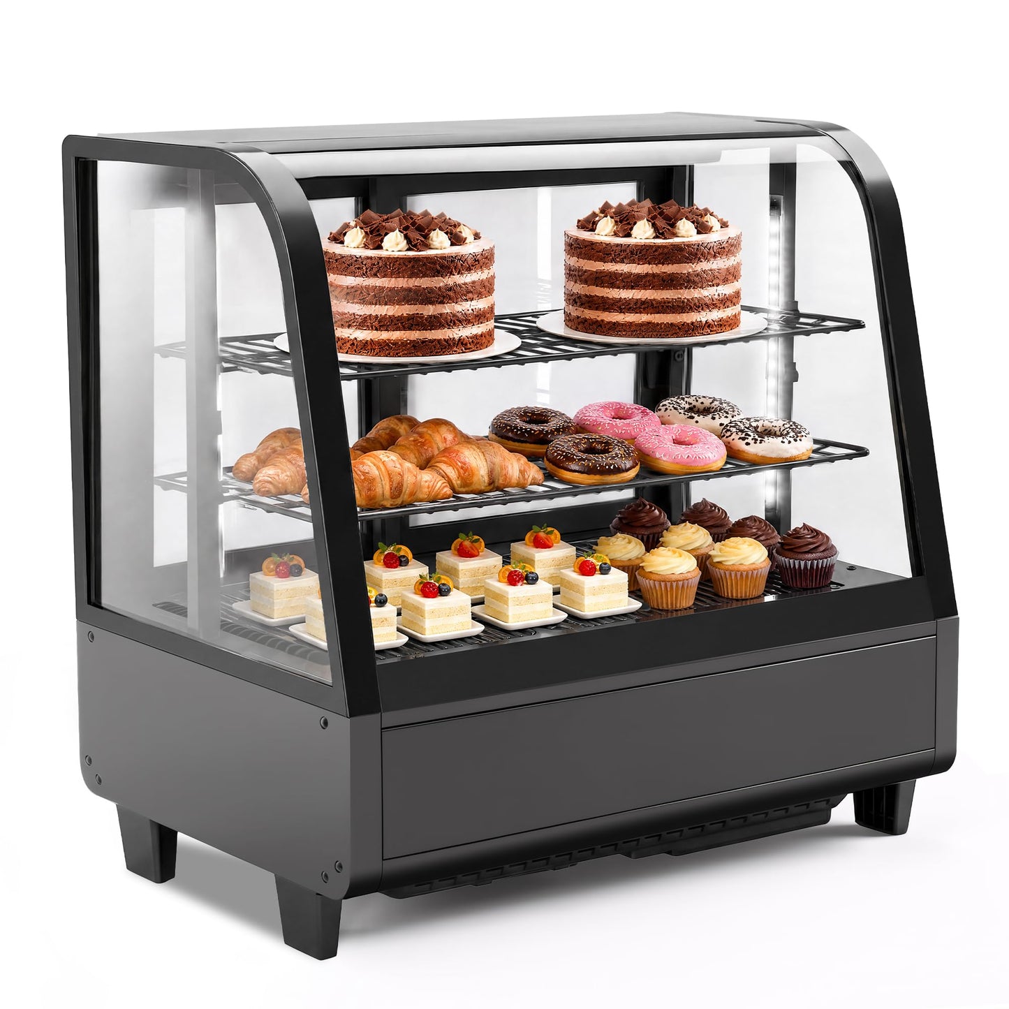 Tylza Commercial Refrigerator Display Case, 3.5 Cu.Ft/100L Countertop Refrigerated Showcase, White LED Lighting, Double Glass Door, 36-54°F, Auto Defrost for Bakery, Cafe, Store