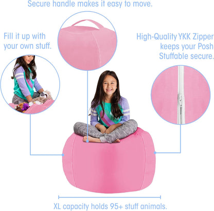 Posh Stuffable Kids Stuffed Animal Storage Bean Bag Chair Cover - Large 38" Solid Pink Toy Organizer for Children