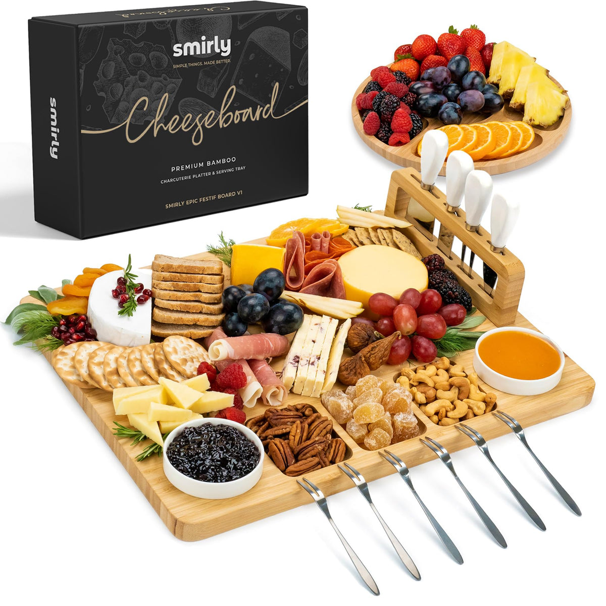 SMIRLY Charcuterie Boards Set, Large Cheese Board Set, Natural Bamboo Charcuterie Tray Cheese Platter with Accessories - Housewarming Gifts New Home, Wedding & Bridal Shower Gifts for Women, Couples