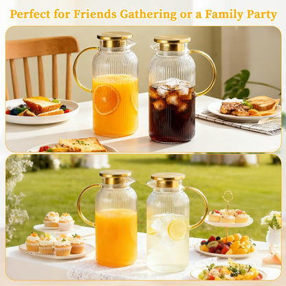 2 Pack Glass Pitcher with Lid, 68 oz/2 Liter Vertical Stripe Round Pitcher with Handle, Heat Resistant, Suitable for Refrigerator Storage, Iced Tea, Coffee, Lemonade, Juice, and Beverage Container
