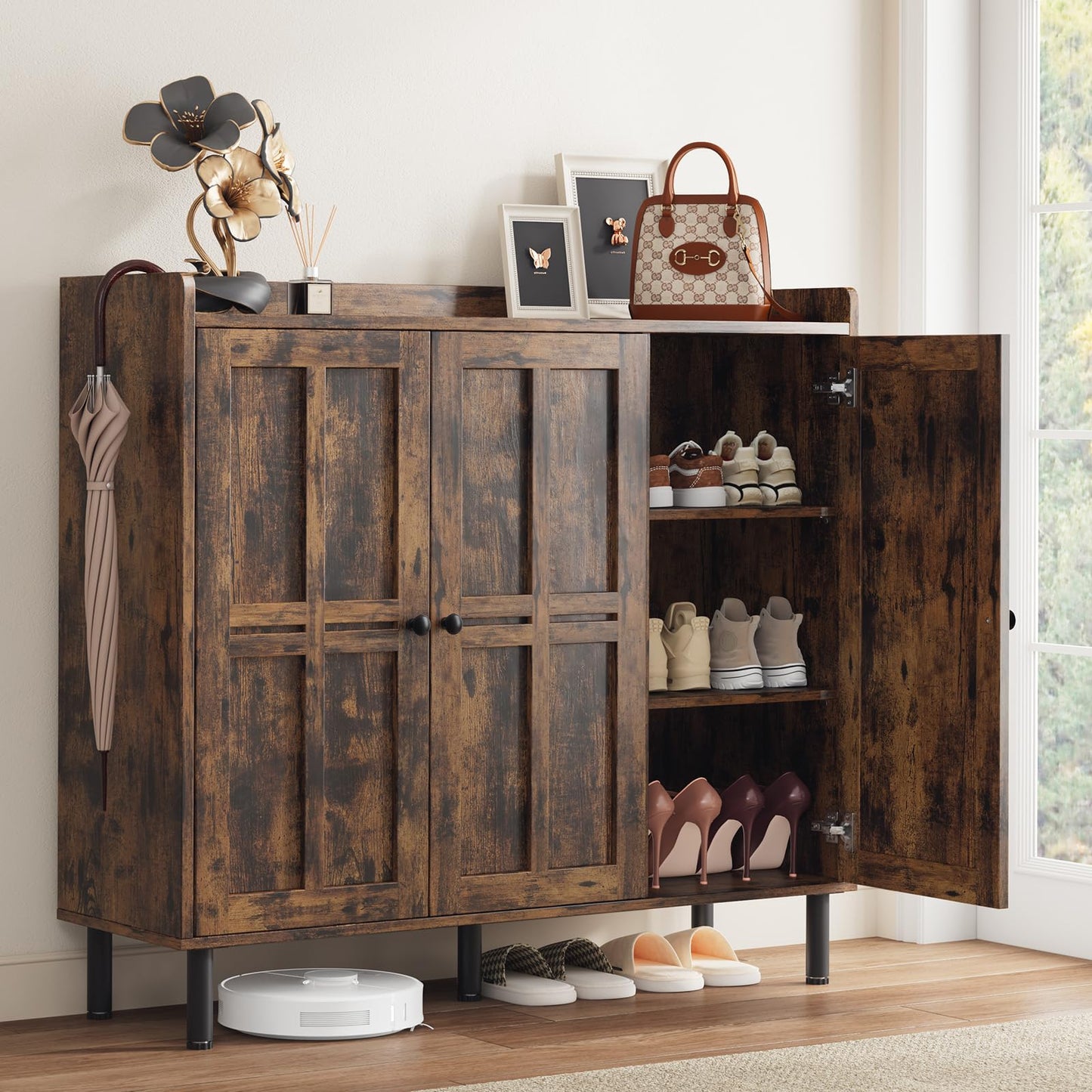 5+2 Tier Shoe Storage Cabinet with 3 Doors, 40" Tall Entryway Cabinet for 30 Pairs Shoe, Shoe Rack Organizer with 5 Adjustable Shelves & Metal Legs, Shoe Storage for Front Door Entrance, Rustic Brown