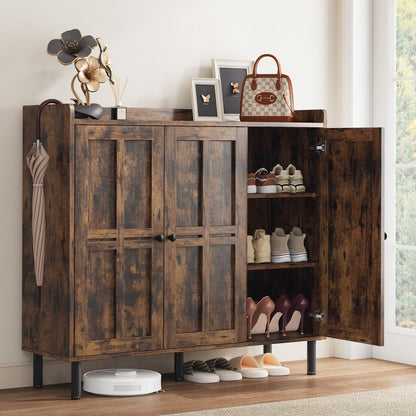 5+2 Tier Shoe Storage Cabinet with 3 Doors, 40" Tall Entryway Cabinet for 30 Pairs Shoe, Shoe Rack Organizer with 5 Adjustable Shelves & Metal Legs, Shoe Storage for Front Door Entrance, Rustic Brown