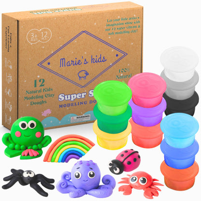 Modeling Clay for Kids - 12 Super Soft & 100% Natural Doughs Made from Wheat Flour - 100g Per Can of Reusable & Vibrant Clay Modeling Kit for Ages 3+ by Marie’s Kids