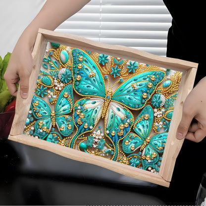 ARTopet DIY Diamond Art Painting Creative Design Handmade Wooden Serving Tray Dinner Plate Partial Diamond Art Breakfast Tray for Coffee Living Room Home Organizer - Green Butterfly