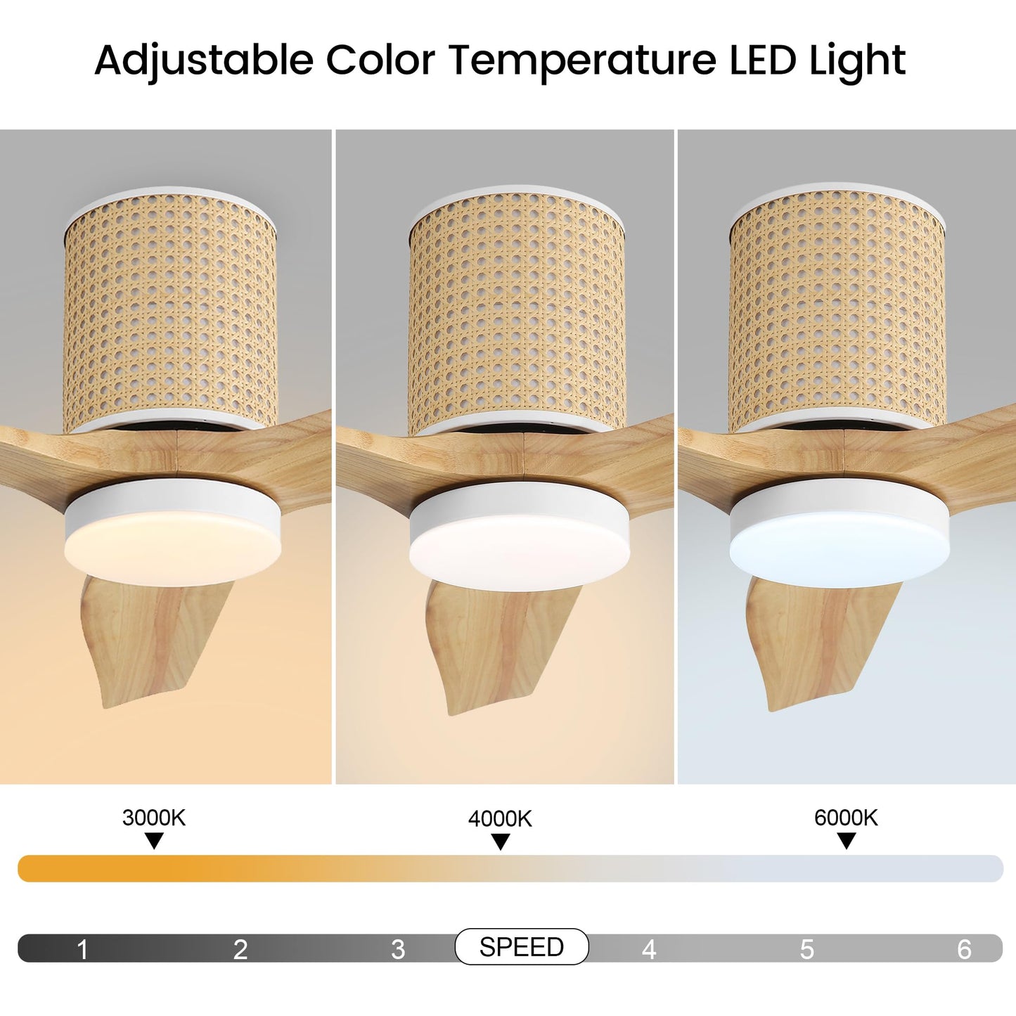 LEDLUX 52" Ceiling Fan with Light - Low Profile Flush Mount Ceiling Fan, 6-Speed Remote Control, Solid Wood, Quiet Reversible DC Motor, Wood/White Finish, for Bedroom, Living Room, Porch