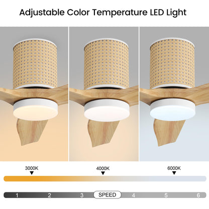 LEDLUX 52" Ceiling Fan with Light - Low Profile Flush Mount Ceiling Fan, 6-Speed Remote Control, Solid Wood, Quiet Reversible DC Motor, Wood/White Finish, for Bedroom, Living Room, Porch