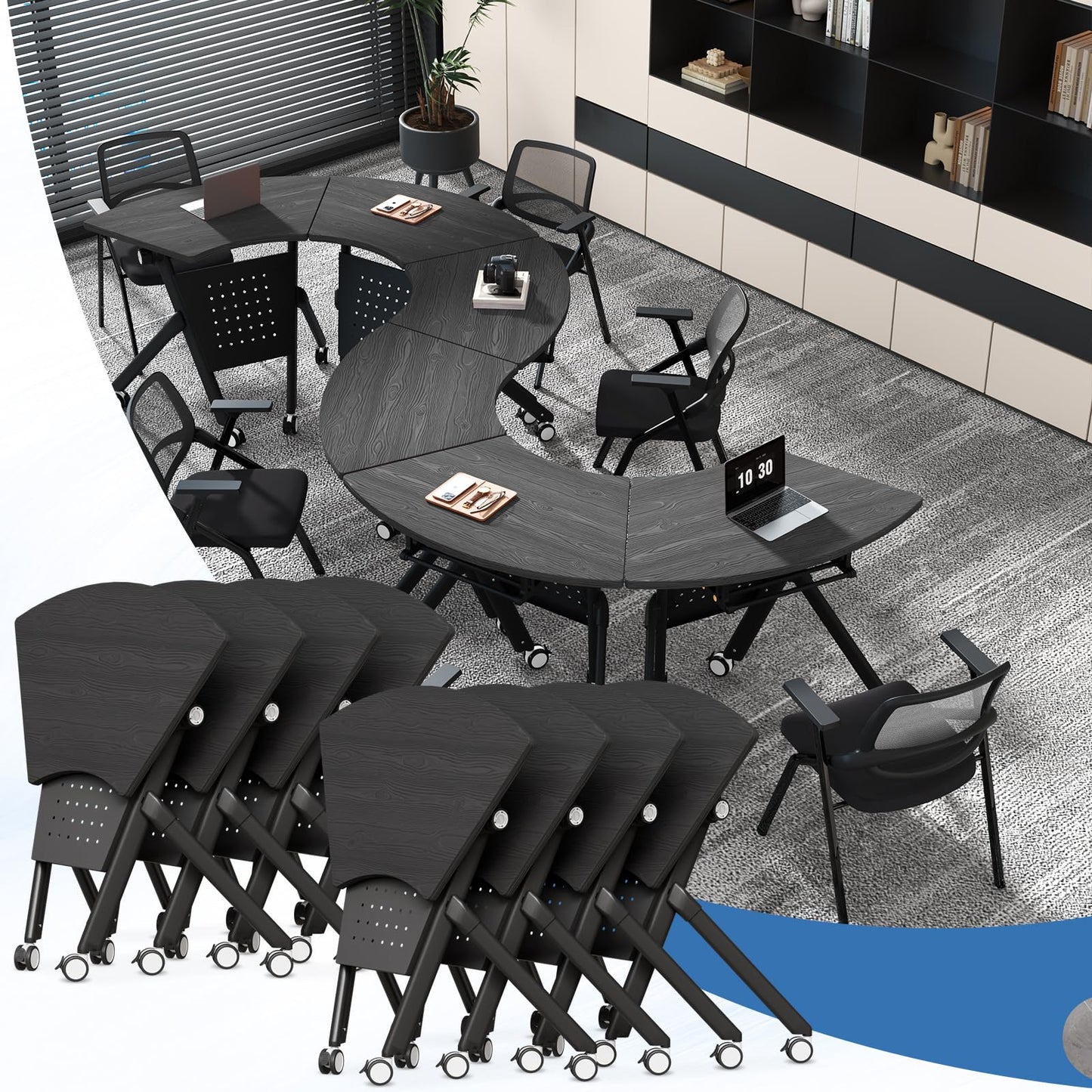 JFazzruit Folding Conference Table,Fan-Shaped Conference Room Tables with Wheels, Mobile Modular Seminar Meeting Desk for Classrooms,Office & Seminar (2, Fan-Black)