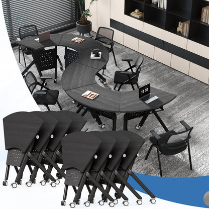 JFazzruit Folding Conference Table,Fan-Shaped Conference Room Tables with Wheels, Mobile Modular Seminar Meeting Desk for Classrooms,Office & Seminar (2, Fan-Black)