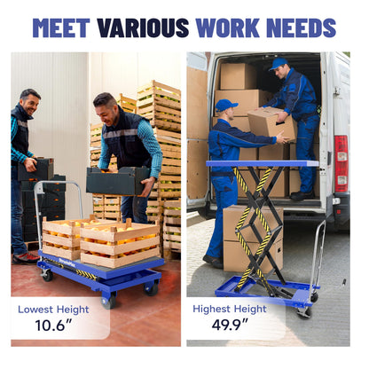 StructoMax Hydraulic Lift Table Cart - 330lbs Capacity, Easy Operation and Swivel Casters with Brakes - Double Scissor Lift for Material Handling and Transportation, Blue
