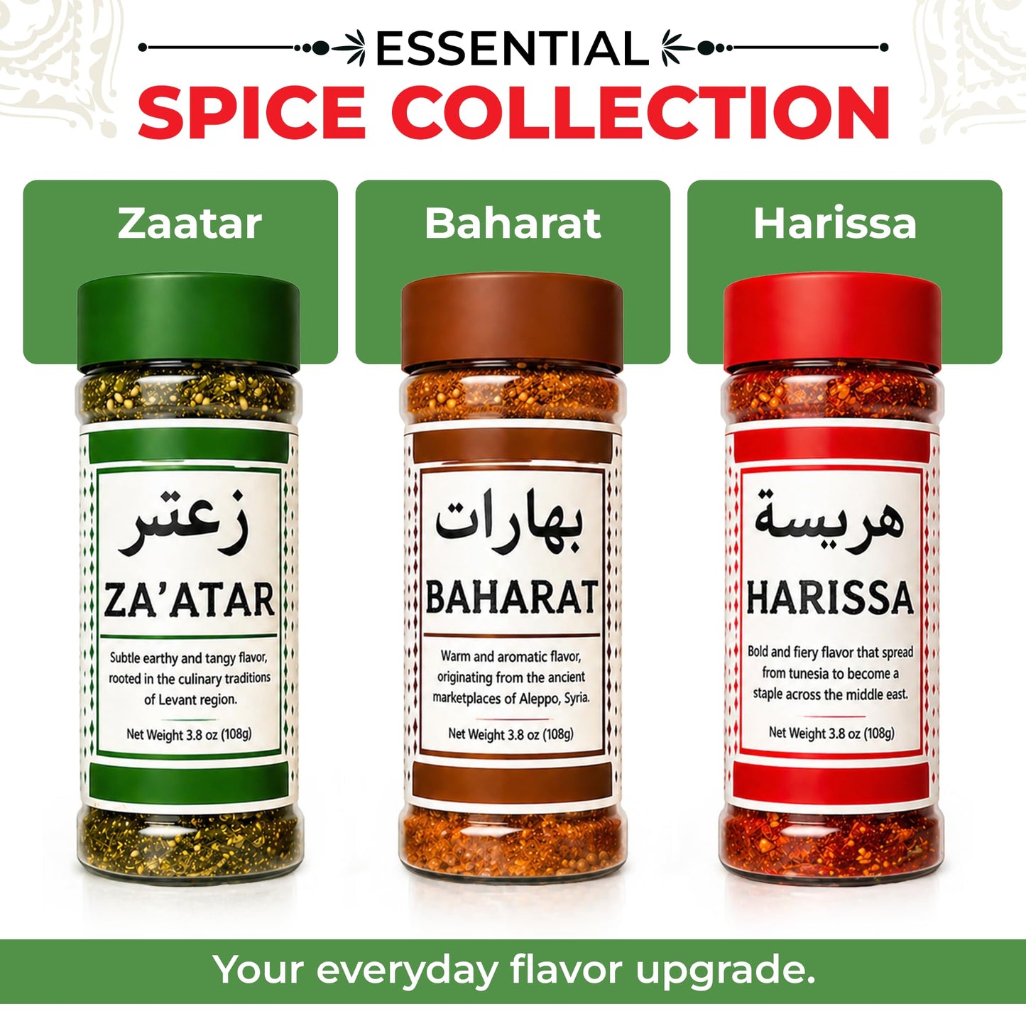 Spices of the Middle East – Zaatar, Baharat, Harissa – Arabic Seasonings in Decorative Box – Father’s Day Gift, Christmas, Mother’s, Premium Ingredients