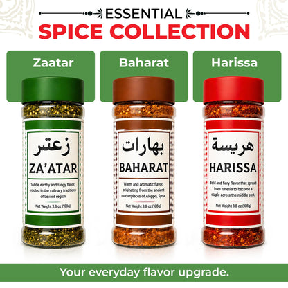 Spices of the Middle East – Zaatar, Baharat, Harissa – Arabic Seasonings in Decorative Box – Father’s Day Gift, Christmas, Mother’s, Premium Ingredients