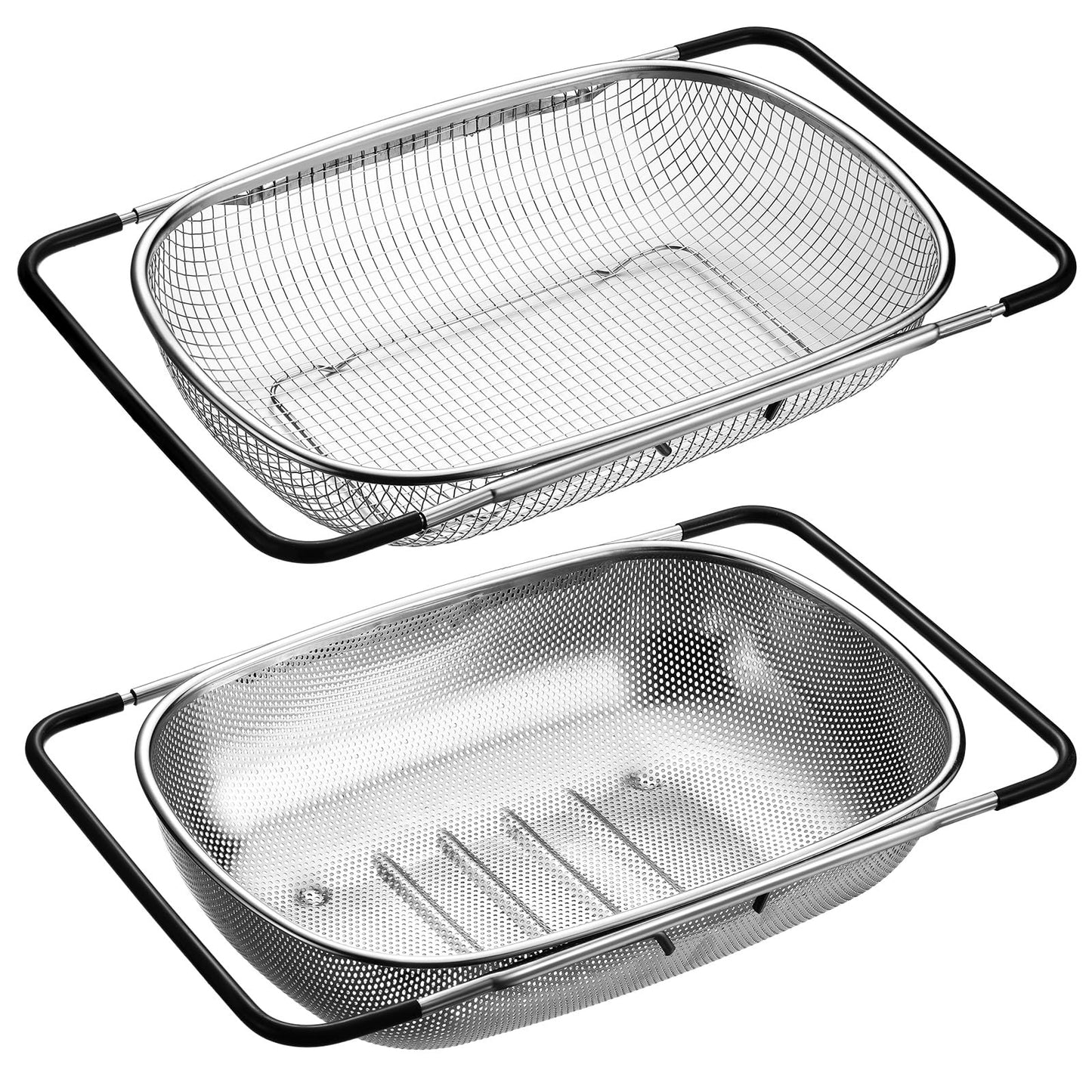 Tioncy 2 Pcs Large Over The Sink Colander, 6 Quart Stainless Steel Colander with Fine Mesh or Grid, Strainer Basket with Expandable Rubber Handles, Strain, Drain, Rinse Vegetable Fruit for Kitchen