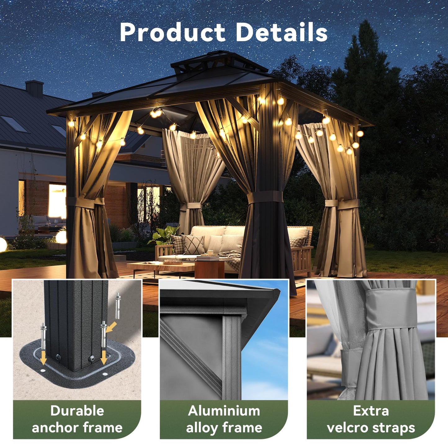 Breezestival 10’x10’ Hardtop Gazebo with Double Polycarbonate Roof Outdoor Metal Gazebo Sturdy Aluminum Frame & Removable Curtains, Netting Permanent Pavilion Pergola for Garden,Patio,Lawn (Gray)