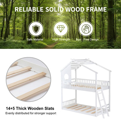 DUMOS Wood Twin Over Twin House Bunk Bed, Loft Bed with Ladder, Safety Guardrail, Wooden Slats & Window, Kids Twin Bed Frame for Teens Juniors, Freely Decorative House Roof
