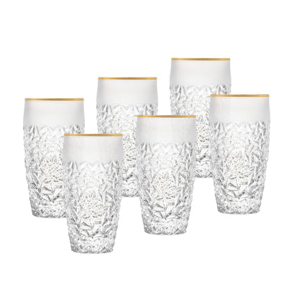 Barski - European Quality Glass - Crystal - Set of 6 - Highball - Hiball Tumblers - 16 oz. - Raindrop Design with Frosted Border and Gold Rim on Tumbler - Glasses are Made in Europe