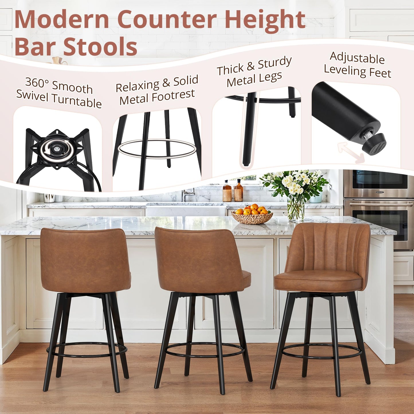 LUE BONA 360° Swivel Leather Bar Stools Set of 3, 26" Counter Height Barstools with Backs and Metal Legs, Modern Upholstered Bar Chairs for Kitchen Island, Brown