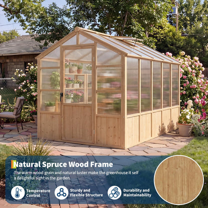 Wooden Greenhouse Kit with 4mm Polycarbonate Panels & 2 Adjustable Ventilation - Heavy Duty Wood Large Outdoor Greenhouse with Lockable Door for Garden, Backyard, Patio, Lawn Walk-in Green House