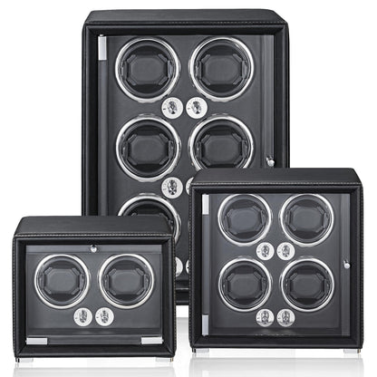 KOHUDIS Watch Winder for 2/4/6/9 Automatic Watches, high-end Leather Making, Super Quiet Mabuchi Motor, Two Power Modes, Built-in led Lights (Black, 4 Slots)
