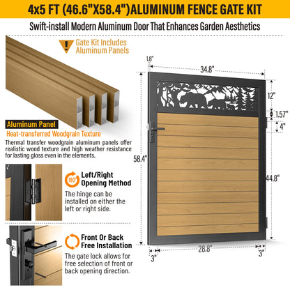 Brukid 4x5 FT Aluminum Fence Gate Kit Wood Grain Aluminum Gate with Decorative Cutout, Lock & Hinges, Left/Right Opening, Weather Resistant for Yard Garden Patio