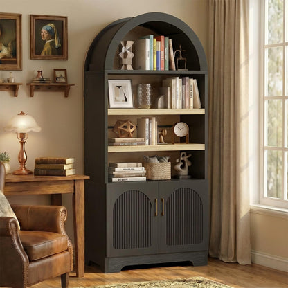 Bestier 71" Tall Arched Kitchen Pantry, Arched Cabinet with Doors, Modern Farmhouse Wood Kitchen Storage Cabinets with 3-Tier Adjustable Shelves for Living Room, Dining Room, Ktichen, Black