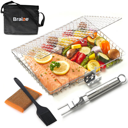Stainless Steel Large Grill Basket with Removable Handle – 12.25 x 9.5 x 1.5 Inch BBQ Vegetable Basket with Easy Open Lid, Silicone Basting Brush & Scrub Sponge – Outdoor Cooking & Camping Accessory