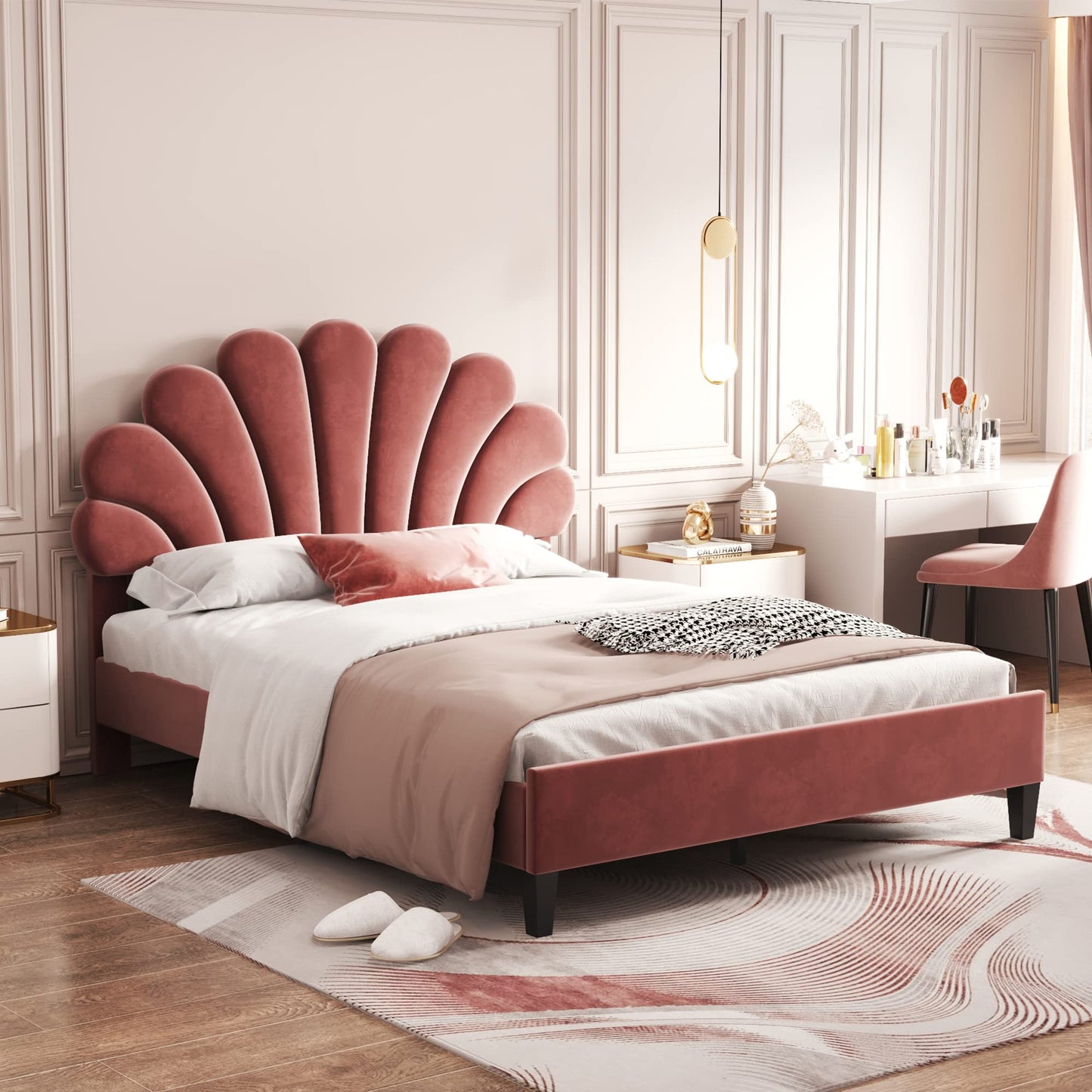 Merax Full Size Upholstered Platform Bed Wooden Frame with Flower Pattern Velvet Headboard for Bedroom,Boys Girls,Bean Paste Red