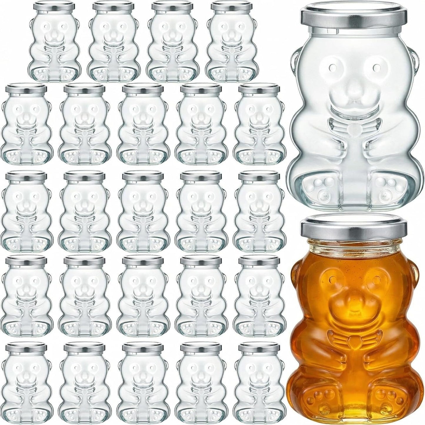 24 Pack 6 oz Patelai Glass Bear Shaped Honey Jars with Lids Reusable Small Tilted Bear Glass Bottles Containers