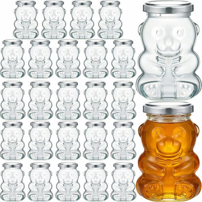 24 Pack 6 oz Patelai Glass Bear Shaped Honey Jars with Lids Reusable Small Tilted Bear Glass Bottles Containers