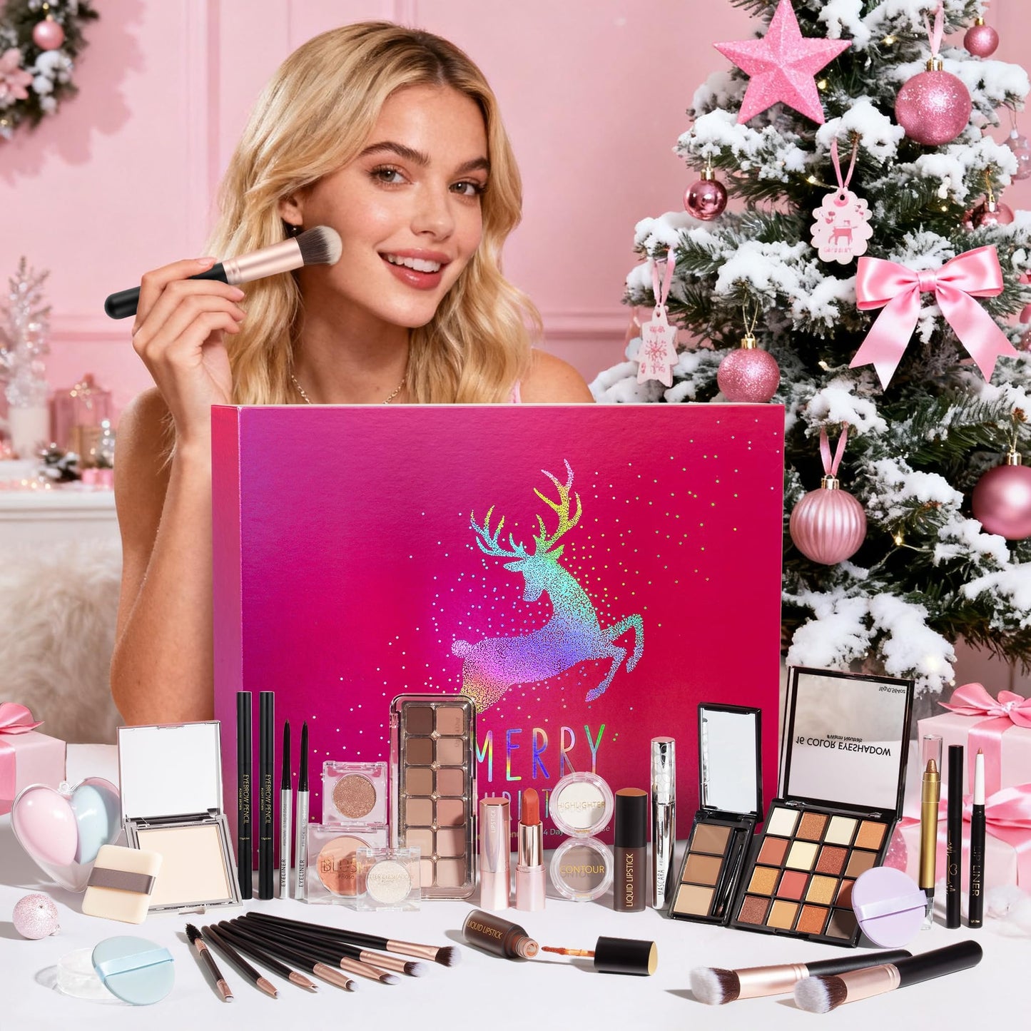 Qinline Makeup Beauty Advent Calendar 2025, 24 Days Christmas Countdown Calendar for Adults Women & Teen Girls - Cosmetic Advent Full Face Make Up Calendar Kit Xmas Gift Set for Wife Mom Friend Girlfriends