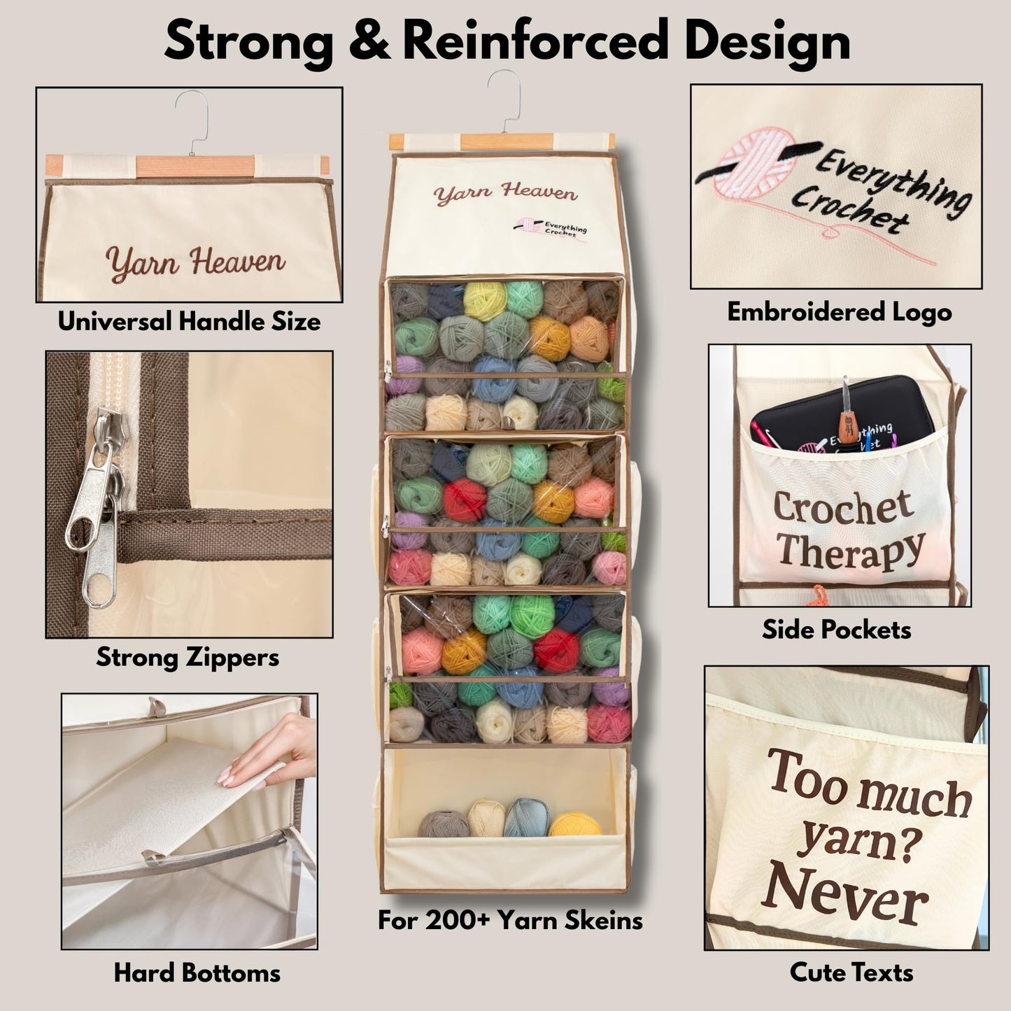 Everything Crochet Yarn Heaven Storage Organizer – Over The Door & Closet Hanging Yarn Bag for Crochet & Knitting, Skein Holder Holds 200+ Skeins with Clear Pockets for Yarn Stash, Hooks & Needles