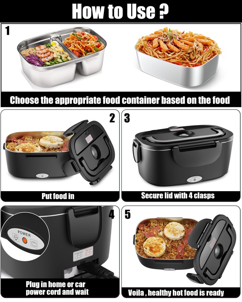 Buddew Electric Heated Lunch Box, 80W Fast Heating with Dual 1.5L Food-Grade 304 Stainless Steel, 12V/24V/110V Portable Food Warmer for Car Truck Office Adults, Lonchera Electrica Portatil (Black)