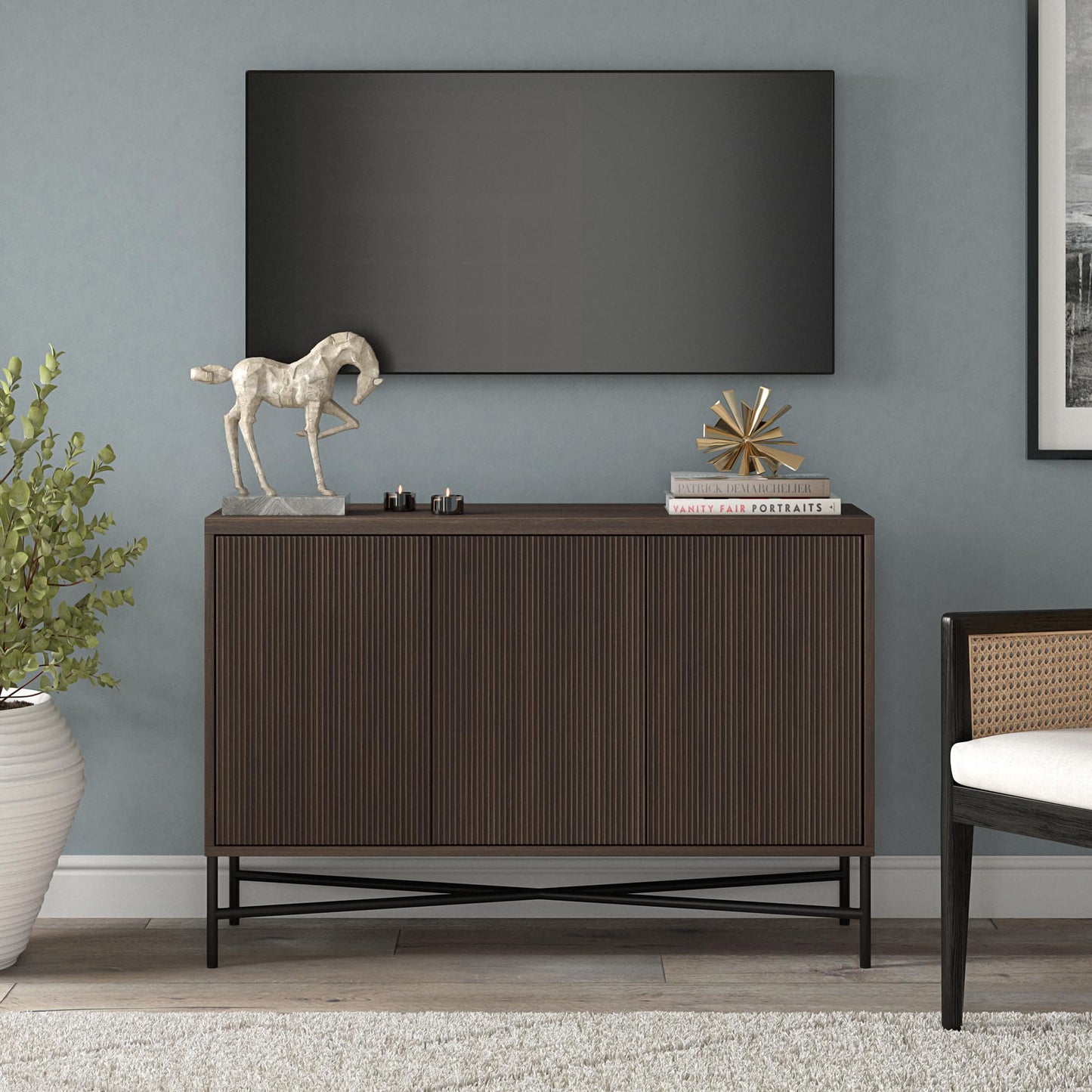 Henn&Hart 48" Fluted Sideboard Buffet Cabinet, Modern Ribbed Credenza with 3 Doors, Adjustable Shelves, and Cable Management Cut-Outs for Dining Room, Kitchen, Living Room or Entryway, Rich Brown