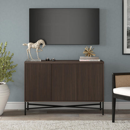 Henn&Hart 48" Fluted Sideboard Buffet Cabinet, Modern Ribbed Credenza with 3 Doors, Adjustable Shelves, and Cable Management Cut-Outs for Dining Room, Kitchen, Living Room or Entryway, Rich Brown