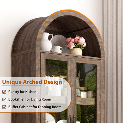 75" Tall Arched Kitchen Pantry Cabinet w Load-Bearing Steel Pipe,Modern Farmhouse Kitchens Storage Cabinet with Drawer and Glass Doors,Tall Arched Bookcase,Pantry Organizer(Rustic Brown)