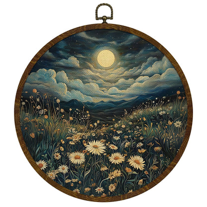 Moonlit Daisy Meadow Round Wall Art,10"x10" Romantic Nature Canvas Wall Hanging Decor with Frame, Rustic Night Landscape Wildflower Painting for Bedroom, Living Room, or Gift (FJ01)
