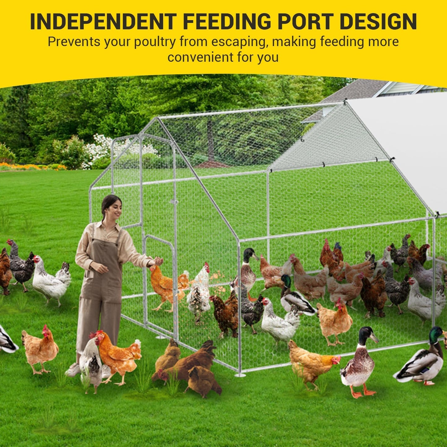 Large Metal Chicken Coop Run,Outdoor Walk-in Cage Peak Hen House with Waterproof and Anti-Uv Cover,Spire Roof Hen House with Security Lock for Outdoor and Backyard,Farm 9.8 x 13.1 x 6.6 ft