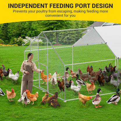 Large Metal Chicken Coop Run,Outdoor Walk-in Cage Peak Hen House with Waterproof and Anti-Uv Cover,Spire Roof Hen House with Security Lock for Outdoor and Backyard,Farm 9.8 x 13.1 x 6.6 ft