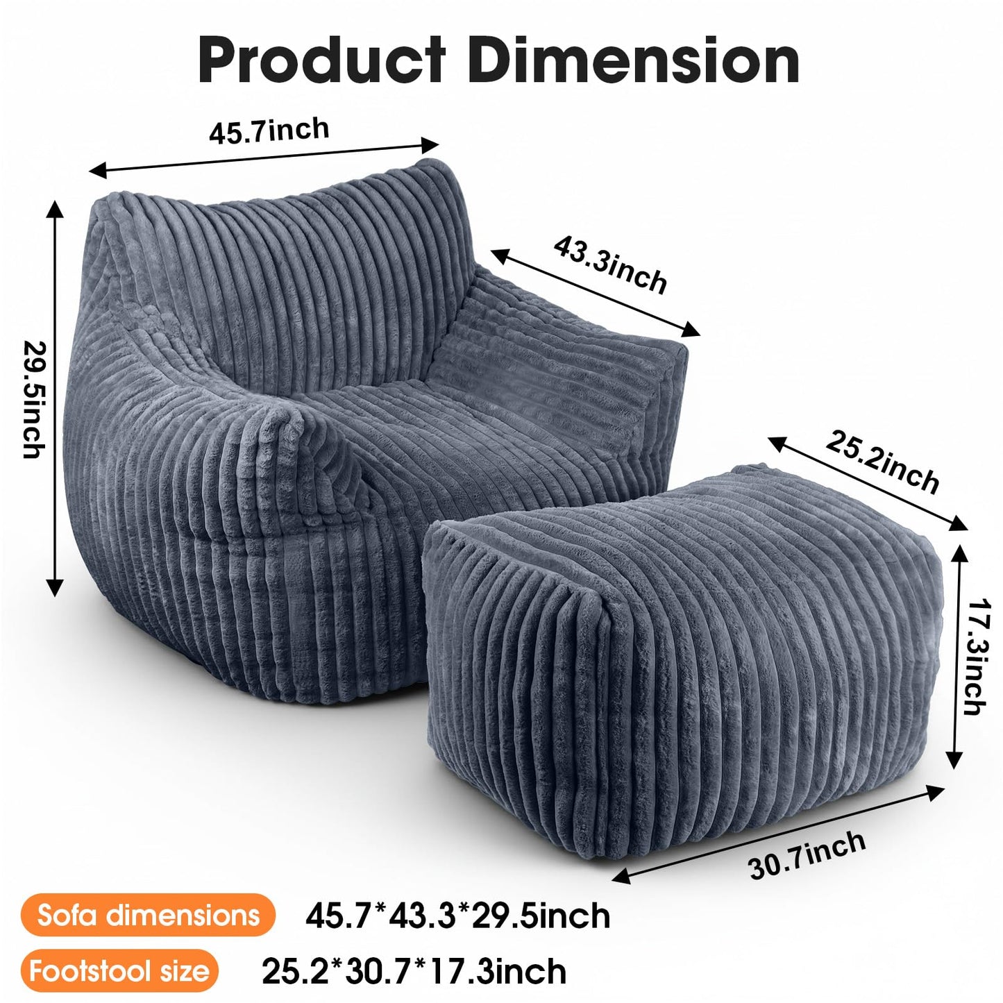 HarborHue Giant Bean Bag Chair with Ottoman, Oversized Memory Foam Bean Bag Sofa for Adults and Kids, Large Comfy Fluffy Single Lounges Mini Couch for Living Room, Bedroom & Dorm(Gray)