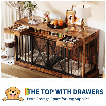 Garvee Double Dog Crate with Removable Divider, 63'' Extra Large Dog Cage Furniture with Sliding Doors & 2 Drawers, Multifunctional Indoor Pet House TV Stand for 2 Pets