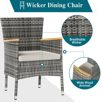 Shintenchi 7 Piece Patio Dining Set, Wicker Patio Conversation Set with Wooden Table Top, Outdoor Table and Chairs with Soft Cushions for Backyard, Deck and Garden, Grey Wicker
