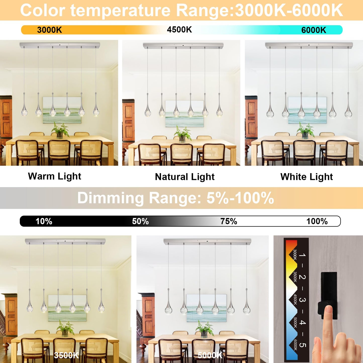VINLUZ 6-Light Rectangle Brushed Nickel Crystal Chandelier, Dimmable LED Bubble Raindrop Modern Pendant Lighting Fixture, Luxury Elegant Adjustable Spiral Ceiling Light for Entryway Living Room Island