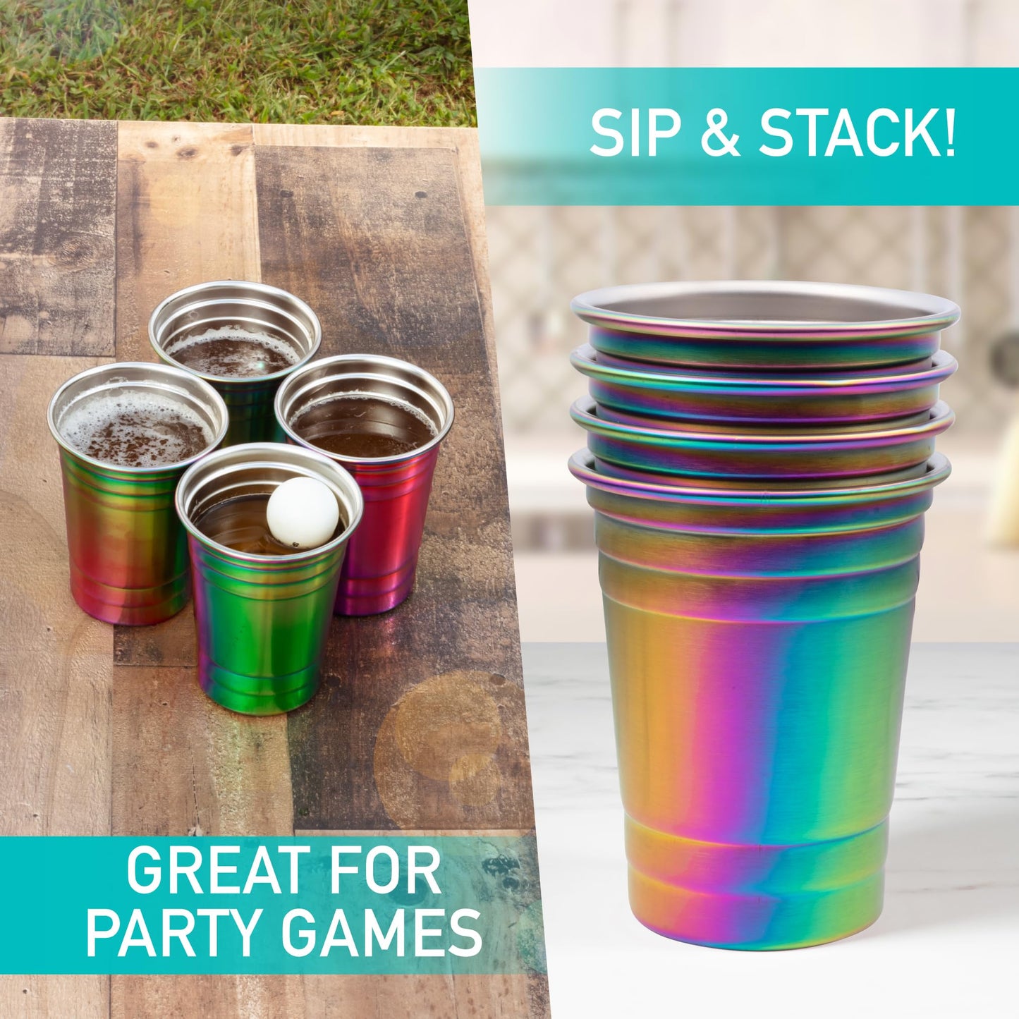 D'Eco Rainbow Stainless Steel Party Cups (4 Pack, 16 oz) - Reusable, Stackable, BPA-Free Metal Tumblers - Shatterproof Drinking Cups for Parties, Games, College, Entertaining, Outdoor & Everyday Use
