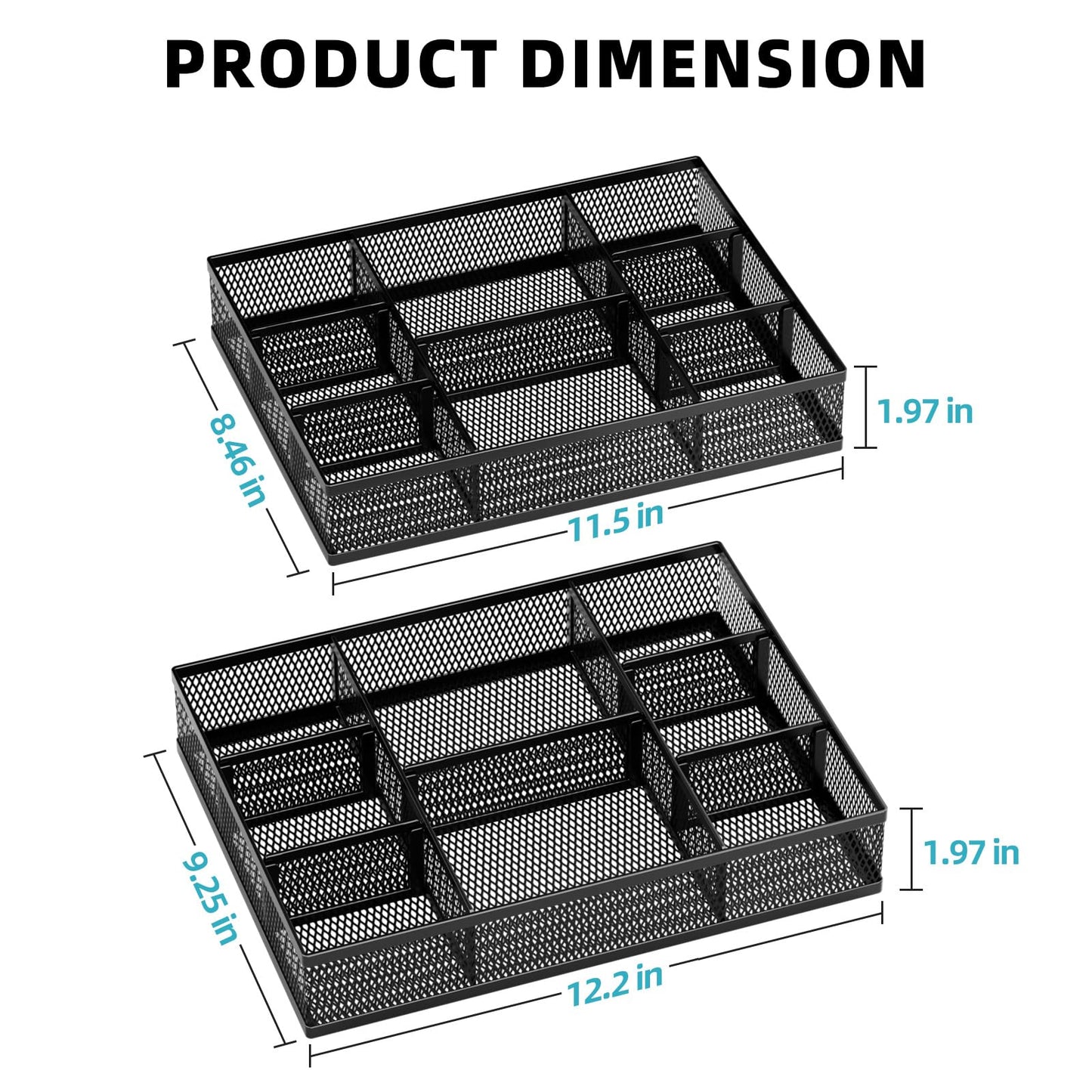Marbrasse 2 Pack Desk Drawer Organizer, Mesh Drawer Organizer Tray with 8 Adjustable Compartments, Desk Organizers and Accessories, 5 Dividers Drawer for Office Supplies, Makeup & Vanity (Black)