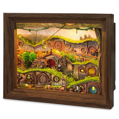 LORENOOK The Magic Ring Hamlet DIY Miniature House Shadow Box Kit – 3D Wooden Puzzle with Lights & Dust Cover, Book Nook Kits for Adults, Creative Framed Bookshelf Decor & Gift