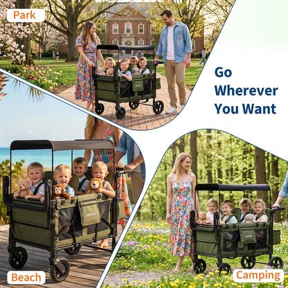 Stroller Wagon for 4 Kids, Premium Quad Stroller Wagon with 4 Convertible Seats, Adjustable Push/Pull Handles, 5-Point Harness Belt, Snack Tray, Removable Canopy & Flat Fold, One-Step Brake, Green
