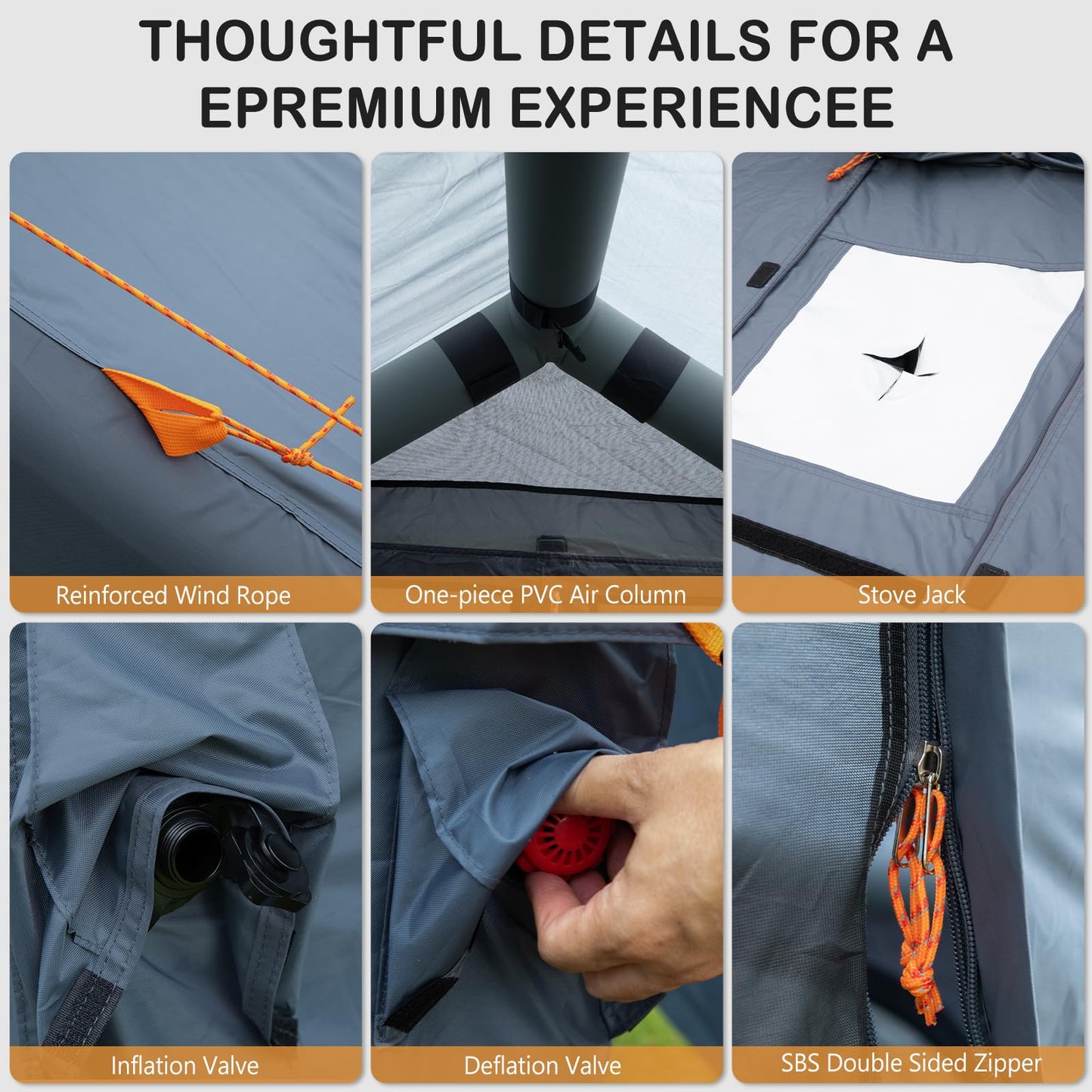 Blow Up Tent with Skylight and Stove Jack,4-6 Person Inflatable Camping Hot Tent with Pump,Easy Setup Family Camping Tent 4 Season Waterproof Outdoor Tents,Grey