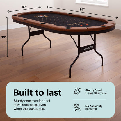 SereneLife 7ft Poker Table for 10 Players - Heavy Duty Oval Texas Hold'em Casino Table for Game Room, 25mm Reinforced Metal Legs, Durable Black PVC Rail, 10 Deep Cup Holders & Professional Layout