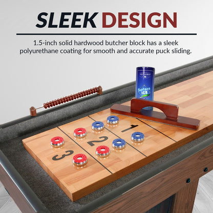 Hathaway Challenger 14 Ft Shuffleboard Table for Family Arcade Game Room - With Poly-Coated Playfield, Built-In Scorer & Cabinet, Climate Adjusters, Leg Levelers, 8 Pucks, Brush & Wax - Walnut Finish